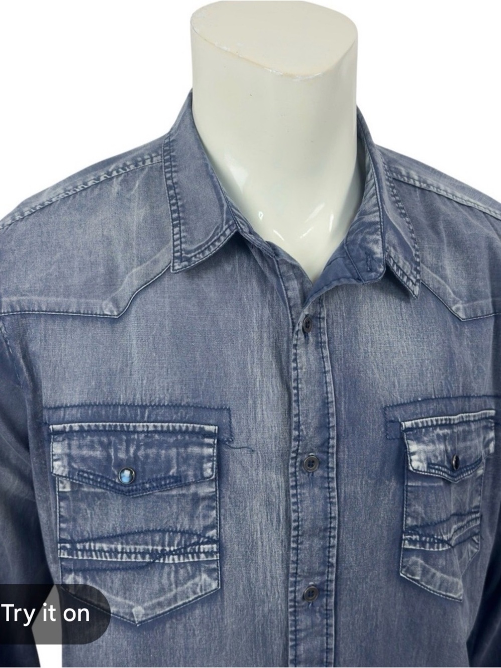 Men's Washed Blue Denim Button-Down Shirt